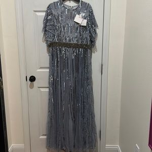 Mac Duggal Silver Sequin Maxi Dress